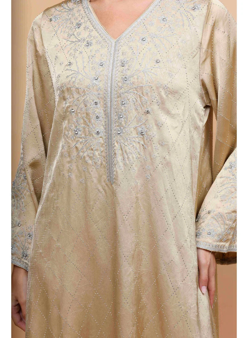 IKKXA Elegant Embroidery Crystals Beaded Jalabiya IK6035 Brown